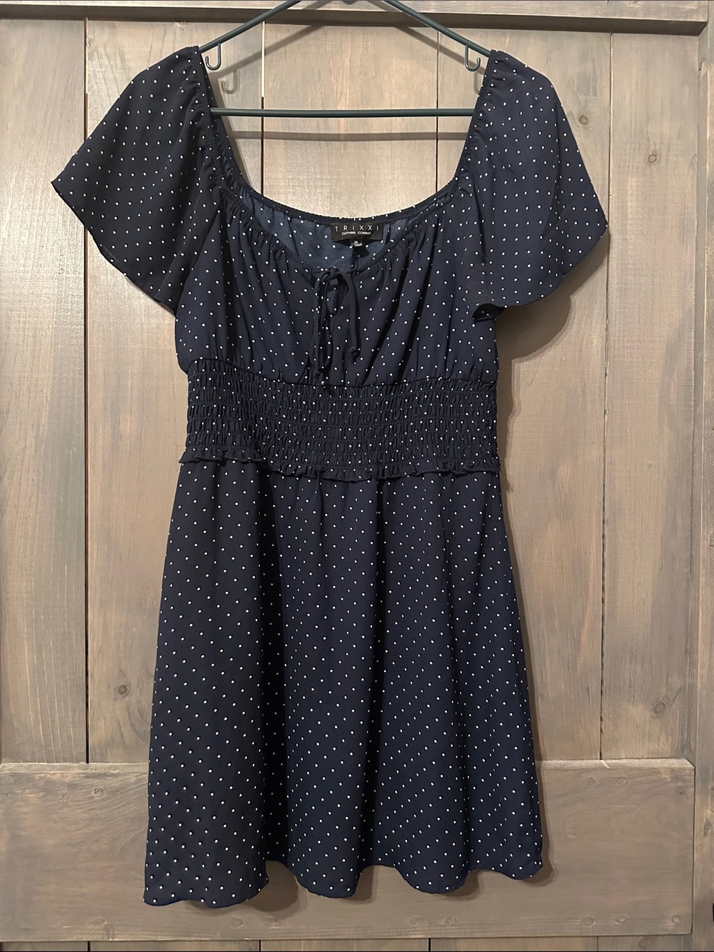 Trixxi Navy Polka Dot Smocked Waist Dress